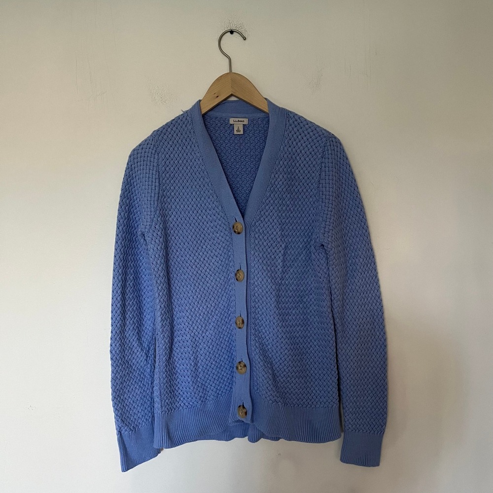 LL Bean Womens Periwinkle Blue Cotton Basketweave V-Neck Cardigan Sweater S